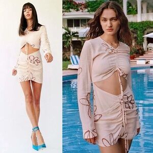 WITH‎ JÉAN Floral Print Long Sleeve Cutout Ruched Tie Front Bodycon Mini Dress S